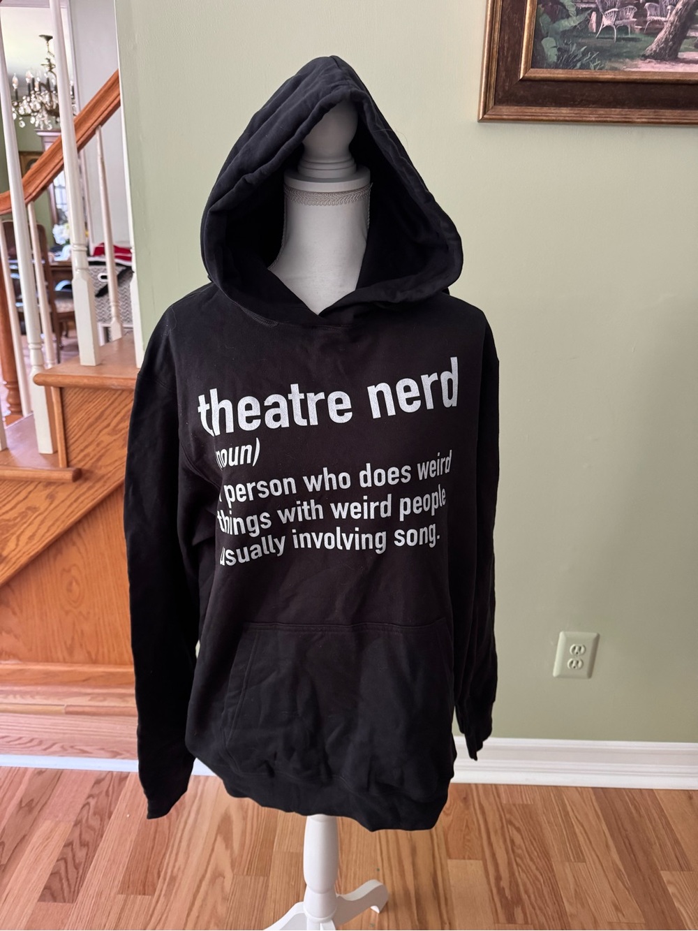 Port and Company Black Hoodie Sweatshirt with White 'theatre nerd' Print